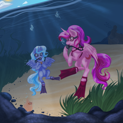 Size: 2000x2000 | Tagged: safe, artist:sharxz, derpibooru import, oc, oc only, alicorn, fish, pony, blue eyes, blue mane, bubble, cloud, crepuscular rays, diving goggles, feather, female, flippers, flowing tail, horn, ocean, pink eyes, pink mane, rock, scuba, seaweed, sky, smiling, sun, sunlight, tail, underwater, water, wings