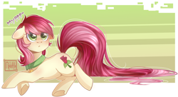 Size: 1600x872 | Tagged: safe, artist:prjanik, derpibooru import, roseluck, earth pony, pony, :<, abstract background, behaving like a cat, collar, colored pupils, commissioner:doom9454, cute, cuteluck, cyrillic, digital art, ears, female, floppy ears, long tail, lying, lying down, mare, pet tag, pony pet, prone, purring, rosepet, russian, solo, underhoof
