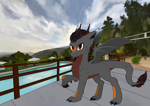 Size: 2546x1800 | Tagged: safe, artist:syntiset, oc, oc only, oc:darel, dragon, cheek fluff, claws, cloud, colored pupils, commission, day, dragon wings, ear fluff, ears, fangs, horns, looking at you, male, mountain, outdoors, pony dragon hybrid, sky, solo, spread wings, swimming pool, tree, wings