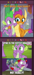 Size: 239x528 | Tagged: safe, edit, edited screencap, editor:undeadponysoldier, screencap, berry punch, carrot top, pinkie pie, smolder, spike, twilight sparkle, dragon, earth pony, unicorn, horse play, sweet and smoky, cute, dragoness, female, food, friendship student, grin, happy, hoof hold, hug, juxtaposition, male, shitposting, side hug, smiling, smolderbetes, solo focus, spikabetes, spikeabuse, spikelove, stage, tomato, tomatoes, tongue, winged spike