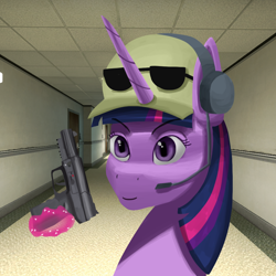 Size: 1000x1000 | Tagged: safe, artist:trotski432, derpibooru import, twilight sparkle, pony, cap, counter-strike: global offensive, female, five-seven, gun, hat, headphones, magic, mare, microphone, office, sunglasses, sunglasses on head, telekinesis, weapon