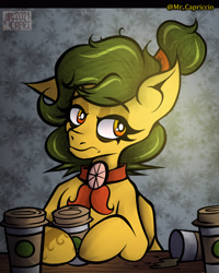 Size: 3000x3750 | Tagged: safe, artist:mrcapriccio, derpibooru import, oc, oc:sugary "citronnier" lime, pegasus, pony, abstract background, bags under eyes, bust, coffee, eyeshadow, female, high res, looking at you, makeup, mare, neckerchief, ponytail, portrait, sleepy, solo, tattoo