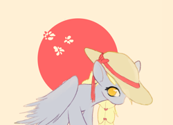 Size: 3200x2300 | Tagged: safe, artist:manicpanda, derpibooru import, derpy hooves, pegasus, braid, cute, derpabetes, leaning forward, no pupils, simple background, sitting, solo, spread wings, summer hat, wings