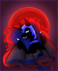 Size: 1280x1587 | Tagged: safe, artist:digisketchpad, derpibooru import, nightmare moon, alicorn, pony, bat wings, blood moon, bust, claws, curved horn, ethereal mane, fangs, feathered bat wings, female, full moon, horn, looking at you, looking back, looking back at you, mare, moon, open mouth, signature, slit eyes, solo, spread wings, wing claws, wings