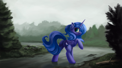 Size: 4000x2250 | Tagged: safe, artist:flusanix, derpibooru import, princess luna, alicorn, pony, butt, female, fog, forest, looking back, mare, plot, raised hoof, raised leg, s1 luna, solo