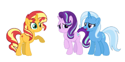 Size: 1280x640 | Tagged: safe, artist:mlpfan3991, derpibooru import, starlight glimmer, sunset shimmer, trixie, pony, unicorn, horn, magical trio, open mouth, raised hoof, raised leg, reformed three, simple background, smiling, transparent background, vector