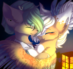 Size: 960x915 | Tagged: safe, artist:primarylilybrisk, derpibooru import, oc, oc only, pegasus, pony, bust, duo, eyes closed, hug, winghug, wings