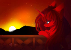 Size: 960x682 | Tagged: safe, artist:primarylilybrisk, derpibooru import, oc, oc only, pony, unicorn, balcony, glasses, mountain, sky, solo, sunset