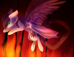 Size: 960x741 | Tagged: safe, artist:primarylilybrisk, derpibooru import, oc, oc only, demon, demon pony, original species, flying, glowing, glowing eyes, horn, solo, spread wings, wings