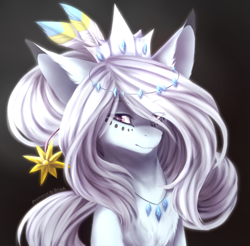 Size: 960x943 | Tagged: safe, artist:primarylilybrisk, derpibooru import, oc, oc only, pony, bust, crown, feather, female, jewelry, looking at you, mare, pendant, regalia, solo