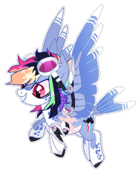 Size: 409x507 | Tagged: safe, artist:x-vintage--owl-x, derpibooru import, rainbow dash, cyborg, pegasus, pony, alternate design, amputee, artificial wings, augmented, goggles, mechanical wing, prosthetic leg, prosthetic limb, prosthetics, scaer, simple background, solo, transparent background, wings