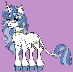 Size: 992x988 | Tagged: safe, artist:rosefang16, derpibooru import, oc, oc:diamond jubilee, classical unicorn, pony, unicorn, cloven hooves, ear piercing, earring, female, horn, jewelry, leonine tail, mare, necklace, offspring, parent:fancypants, parent:rarity, parents:raripants, piercing, purple background, simple background, solo, unicorn oc, unshorn fetlocks