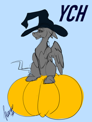 Size: 3000x4000 | Tagged: safe, artist:stirren, derpibooru import, oc, pony, commission, cute, halloween, hat, holiday, looking at you, multislot, pumpkin, sitting, solo, witch hat, your character here