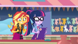 Size: 3410x1920 | Tagged: safe, derpibooru import, screencap, sci-twi, sunset shimmer, twilight sparkle, better together, equestria girls, rollercoaster of friendship, bowtie, clothes, cutie mark, cutie mark on clothes, female, geode of empathy, geode of telekinesis, glasses, high res, jacket, jewelry, leather, leather jacket, magical geodes, necklace, notebook, ponytail