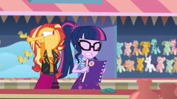 Size: 3410x1920 | Tagged: safe, derpibooru import, screencap, sci-twi, sunset shimmer, twilight sparkle, better together, equestria girls, rollercoaster of friendship, bowtie, clothes, come on, cutie mark, cutie mark on clothes, eyes closed, female, geode of empathy, glasses, high res, jacket, jewelry, leather, leather jacket, magical geodes, necklace, nose in the air, ponytail, teeth