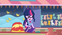 Size: 3410x1920 | Tagged: safe, derpibooru import, screencap, sci-twi, sunset shimmer, twilight sparkle, better together, equestria girls, rollercoaster of friendship, bowtie, clothes, cutie mark, cutie mark on clothes, eyes closed, female, geode of telekinesis, glasses, high res, jewelry, magical geodes, necklace, open mouth, ponytail