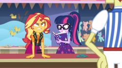 Size: 3410x1920 | Tagged: safe, derpibooru import, screencap, flim, sci-twi, sunset shimmer, twilight sparkle, better together, equestria girls, rollercoaster of friendship, clothes, cutie mark, cutie mark on clothes, female, geode of empathy, glasses, high res, jacket, jewelry, leather, leather jacket, magical geodes, male, necklace, notebook, ponytail