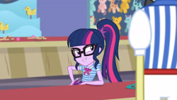 Size: 3410x1920 | Tagged: safe, derpibooru import, screencap, flim, sci-twi, twilight sparkle, better together, equestria girls, rollercoaster of friendship, bowtie, clothes, cutie mark, cutie mark on clothes, female, geode of telekinesis, glasses, grin, high res, jewelry, magical geodes, male, necklace, ponytail, smiling