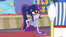 Size: 3410x1920 | Tagged: safe, derpibooru import, screencap, flim, sci-twi, twilight sparkle, better together, equestria girls, rollercoaster of friendship, bowtie, clothes, cutie mark, cutie mark on clothes, female, geode of telekinesis, glasses, grin, high res, jewelry, magical geodes, male, necklace, ponytail, smiling