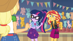 Size: 3410x1920 | Tagged: safe, derpibooru import, screencap, applejack, sci-twi, sunset shimmer, twilight sparkle, better together, equestria girls, rollercoaster of friendship, angry, applejack's hat, belt, clothes, cowboy hat, cutie mark, cutie mark on clothes, denim skirt, female, geode of empathy, geode of telekinesis, glasses, hat, high res, jacket, leather, leather jacket, magical geodes, ponytail, shrunken pupils, skirt