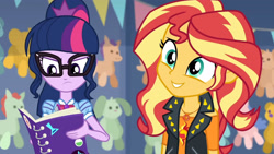 Size: 3410x1920 | Tagged: safe, derpibooru import, screencap, sci-twi, sunset shimmer, twilight sparkle, better together, equestria girls, rollercoaster of friendship, clothes, cute, cutie mark, cutie mark on clothes, female, geode of empathy, geode of telekinesis, glasses, high res, jacket, jewelry, leather, leather jacket, magical geodes, necklace, notebook, ponytail, shimmerbetes, smiling