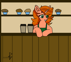 Size: 1000x870 | Tagged: safe, artist:mh148, derpibooru import, oc, oc:cinnamon, alicorn, apron, cafe, chocolate muffin, cinnamon muffin, clothes, coffee, ear fluff, ears, food, iced latte with breast milk, muffin