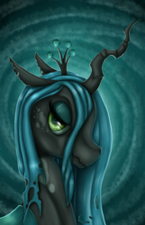 Size: 1094x1700 | Tagged: safe, artist:ellen124, derpibooru import, queen chrysalis, abstract background, bust, lidded eyes, solo