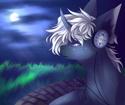 Size: 960x803 | Tagged: safe, artist:primarylilybrisk, derpibooru import, oc, oc only, pony, unicorn, bust, curved horn, ear fluff, ears, freckles, full moon, grass, headphones, horn, male, moon, night, night sky, outdoors, signature, sky, solo, stallion