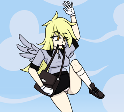 Size: 1368x1231 | Tagged: safe, artist:_mssj9, derpibooru exclusive, derpibooru import, derpy hooves, human, bag, blonde, blonde hair, clothes, cloud, eye clipping through hair, eyebrows, eyebrows visible through hair, eyelashes, gloves, humanized, mouth hold, pegasus wings, pleated skirt, shoulder bag, skirt, smiling, socks, solo, underwear, winged humanization, wings