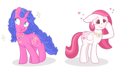 Size: 2200x1300 | Tagged: safe, artist:klewcg, artist:queenbluestar, derpibooru import, melody, sweetheart, pegasus, pony, unicorn, g1, base used, blushing, female, g1 to g4, generation leap, heart, simple background, transparent background