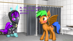 Size: 1920x1080 | Tagged: safe, artist:christian69229, derpibooru import, oc, oc only, oc:coco nut, oc:moonlight thunder, bat pony, pony, 3d, bat pony oc, blood, clothes, costume, dangerous mission outfit, eye scar, gay, hoodie, looking at each other, male, nosebleed, outfit, scar, source filmmaker, stallion