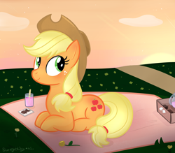 Size: 800x700 | Tagged: safe, artist:queenbluestar, derpibooru import, applejack, earth pony, pony, cute, female, jackabetes, looking back, lying down, picnic blanket, prone, smiling, solo, sunrise