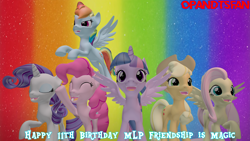 Size: 3840x2160 | Tagged: safe, artist:optimussparkle, derpibooru import, applejack, fluttershy, pinkie pie, rainbow dash, rarity, twilight sparkle, twilight sparkle (alicorn), alicorn, earth pony, pegasus, pony, unicorn, 3d, happy birthday mlp:fim, mane six, mlp fim's eleventh anniversary, source filmmaker