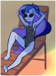 Size: 980x1330 | Tagged: safe, artist:drantyno, derpibooru import, princess luna, vice principal luna, equestria girls, armpits, barefoot, beach, beach chair, child, clothes, feet, female, one-piece swimsuit, solo, sunglasses, swimsuit, younger