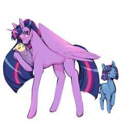 Size: 1280x1280 | Tagged: safe, artist:lovelyluckyy, derpibooru import, twilight sparkle, twilight sparkle (alicorn), oc, alicorn, pony, unicorn, female, foal, offspring, parent:twilight sparkle, simple background, white background