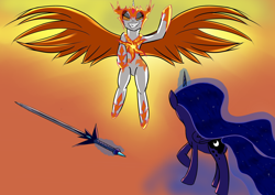 Size: 4092x2893 | Tagged: safe, artist:fizzban08, derpibooru import, daybreaker, princess luna, alicorn, pony, female, fight, glowing, glowing horn, horn, magic, spread wings, sword, telekinesis, weapon, wings