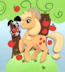 Size: 700x769 | Tagged: safe, artist:miles, derpibooru import, applejack, dog, earth pony, 101 dalmatian street, apple, apple tree, blaze (coat marking), coat markings, dalmatian, dawkins (101 dalmatian street), facial markings, food, tree