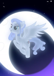 Size: 1600x2240 | Tagged: safe, artist:darthlena, derpibooru import, oc, oc only, oc:winter starlight, pegasus, pony, crescent moon, female, flying, moon, night