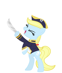 Size: 3000x3500 | Tagged: safe, artist:darthlena, derpibooru import, oc, oc only, oc:charlotte, earth pony, pony, bipedal, clothes, eyes closed, female, hat, hoof hold, mascot, simple background, solo, sword, transparent background, weapon