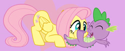 Size: 2049x843 | Tagged: safe, artist:darthlena, derpibooru import, fluttershy, spike, dragon, pegasus, pony, dragon x pony, eyes closed, female, flutterspike, interspecies, laughing, lying down, male, misleading thumbnail, on back, puffy cheeks, raspberry, shipping, straight, tummy buzz