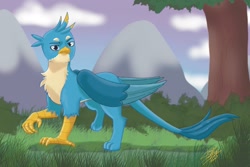 Size: 1888x1260 | Tagged: safe, artist:shacy's pagelings, derpibooru import, gallus, griffon, cloud, mountain, solo, tree