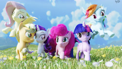 Size: 3840x2160 | Tagged: safe, artist:dashyoshi, derpibooru import, applejack, fluttershy, pinkie pie, rainbow dash, rarity, twilight sparkle, twilight sparkle (alicorn), alicorn, earth pony, pegasus, pony, unicorn, 3d, blender, blender cycles, flower, flying, grass, happy birthday mlp:fim, mane six, mlp fim's eleventh anniversary