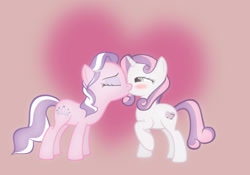 Size: 1600x1120 | Tagged: safe, artist:darthlena, derpibooru import, diamond tiara, sweetie belle, earth pony, pony, unicorn, alternate cutie mark, blushing, diamondbelle, female, kissing, lesbian, older, raised hoof, raised leg, shipping