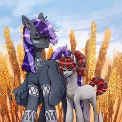 Size: 4000x4000 | Tagged: safe, artist:woowoli, derpibooru import, oc, oc only, earth pony, pegasus, pony, eyes closed, female, field, food, male, oc x oc, shipping, size difference, straight, wheat