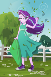 Size: 1000x1500 | Tagged: safe, alternate version, artist:darthlena, derpibooru import, starlight glimmer, equestria girls, beautiful, clothes, converse, dress, female, fence, happy, kite, shoes, smiling, smirk, sneakers, solo, summer, that pony sure does love kites, tree, weeping willow