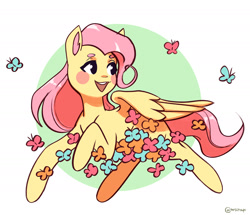 Size: 2000x1722 | Tagged: safe, artist:mrscroup, derpibooru import, fluttershy, butterfly, pegasus, pony, blush sticker, blushing, cute, female, head turned, looking away, mare, midair, no pupils, open mouth, open smile, partial background, ponytober, shyabetes, smiling, solo, spread wings, wings
