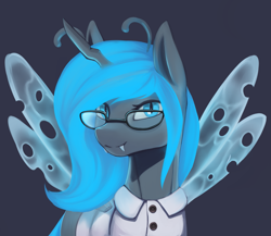 Size: 2379x2067 | Tagged: safe, artist:mrscroup, derpibooru import, oc, oc only, oc:queen fylifa, changeling, changeling queen, equestria at war mod, antennae, bust, changeling oc, changeling queen oc, clothes, fangs, female, glasses, glowing mane, portrait, simple background, solo