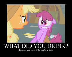 Size: 750x600 | Tagged: safe, artist:crossoverprincess, derpibooru import, edit, edited screencap, screencap, applejack, berry punch, berryshine, pony, call of the cutie, season 1, drunk, female, go home you're drunk, motivational poster