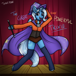 Size: 2048x2048 | Tagged: safe, artist:toastpone, derpibooru import, trixie, anthro, semi-anthro, unguligrade anthro, unicorn, clothes, female, hoof hold, magic, mare, open mouth, performance, stage, wand