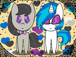 Size: 1024x768 | Tagged: safe, artist:foxy21a72, derpibooru import, dj pon-3, octavia melody, vinyl scratch, earth pony, unicorn, abstract background, chibi, female, lesbian, scratchtavia, shipping